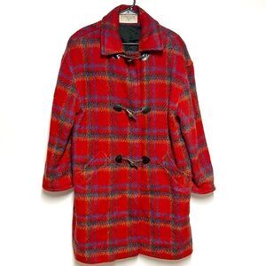 Rare 80’s Vintage Red Plaid Yugoslavian Wool Toggle Duffle Coat Women’s Sz XL